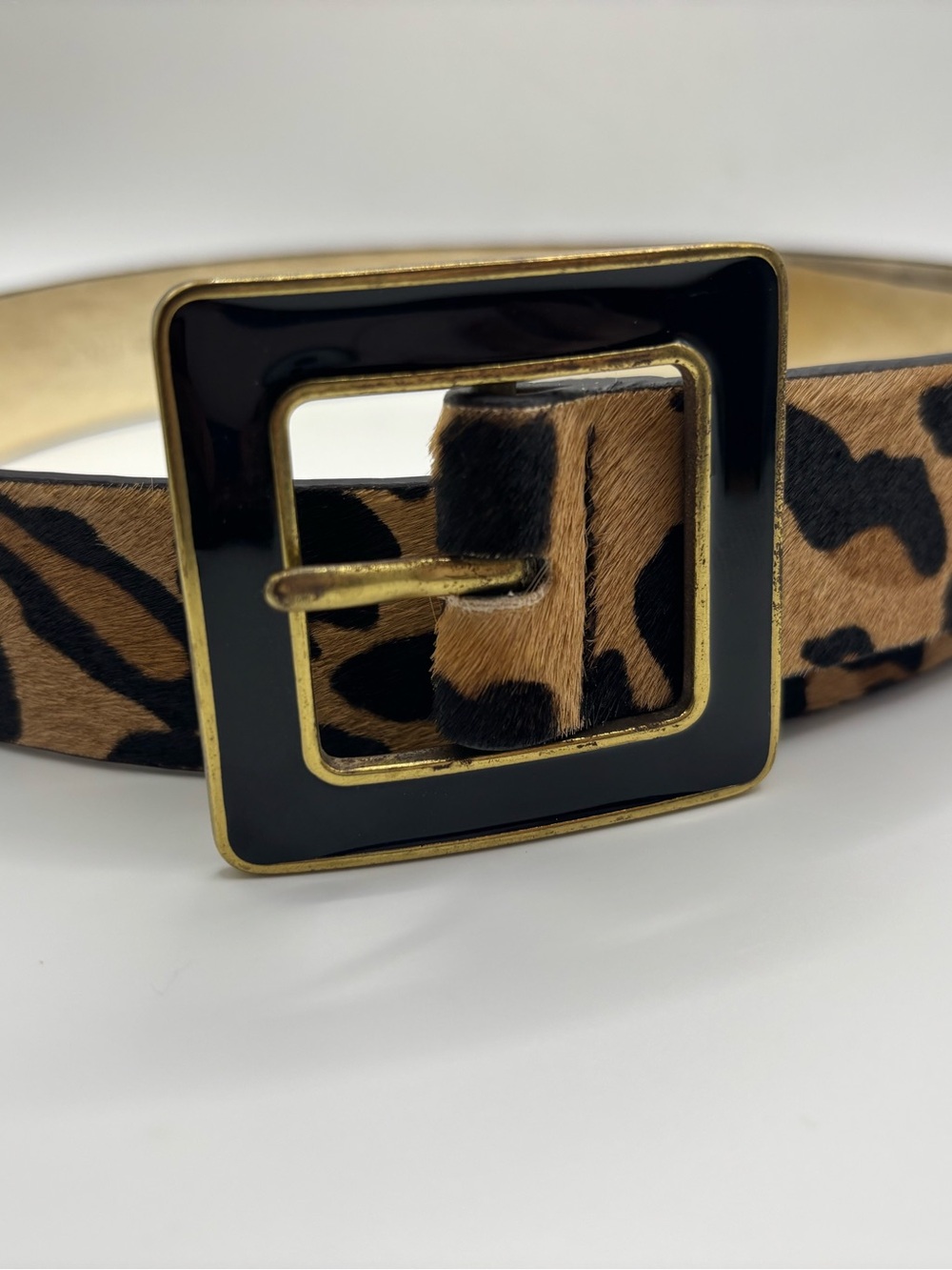 Nine West Leopard Print Calf Hair Belt Gold Black Enamel Sq. Buckle Size Small S